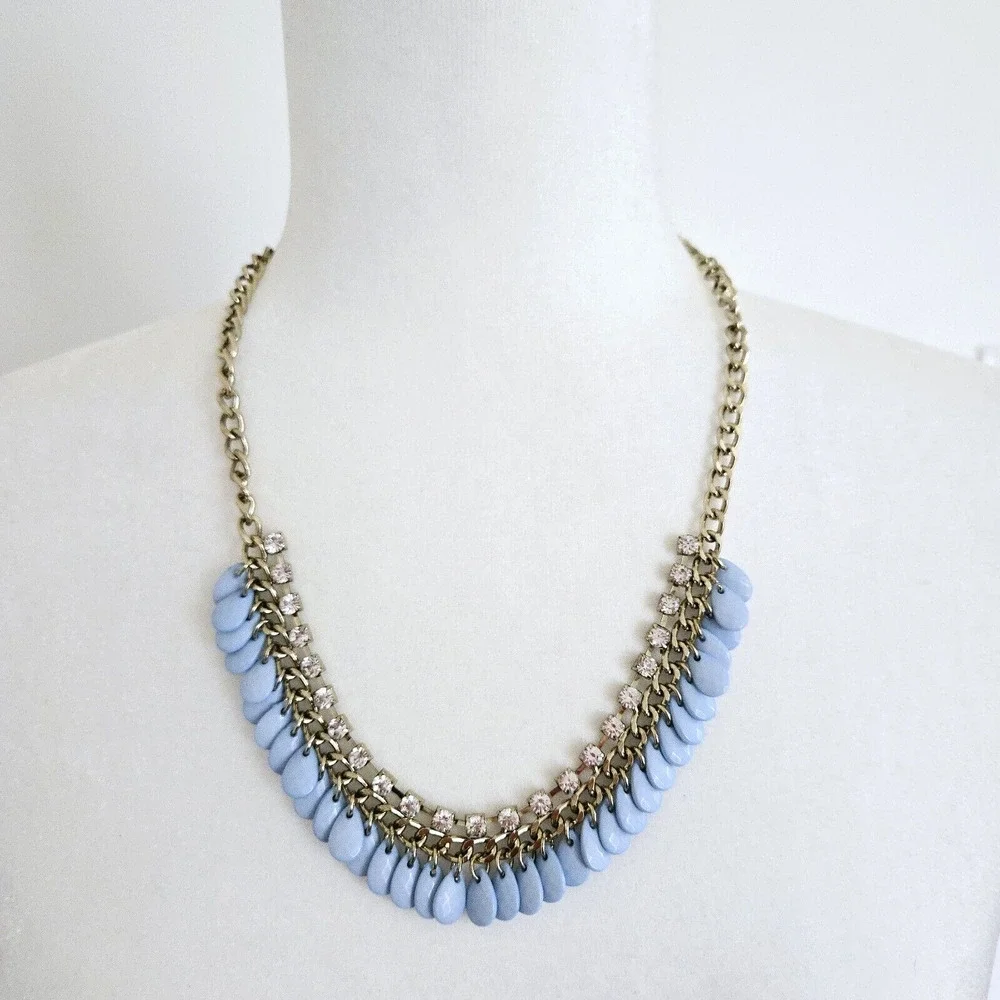 Statement Necklace Blue Beaded Rhinestone Chain Classic Retro Cocktail Party 22